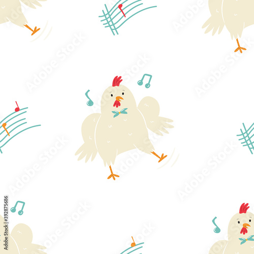 Seamless pattern with cute dancing chicken, little rooster