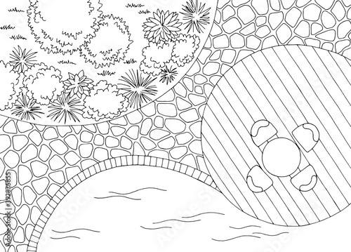 Landscape plan garden architect design backyard graphic black white sketch aerial view illustration vector