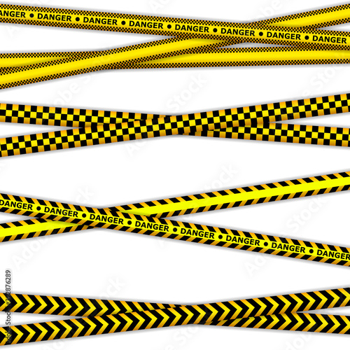 Police line and danger tapes. Caution and danger tapes. Warning tape. Black and yellow line striped. © Viktoriia