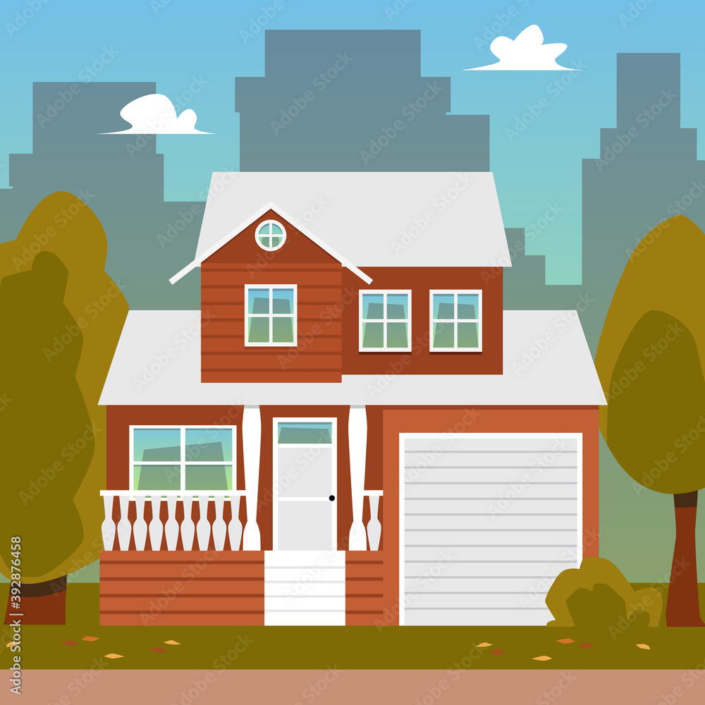 Fototapeta premium Cityscape background with cute suburban house flat vector illustration.