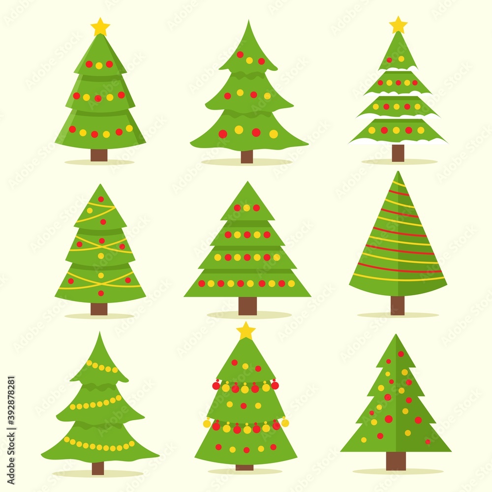 Collection of Christmas trees, modern flat design. Can be used for printed materials - leaflets, posters, business cards or for web.