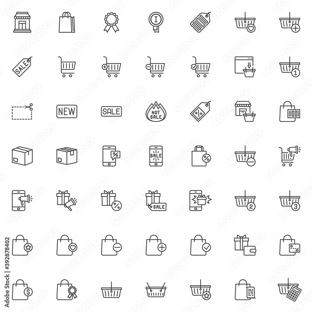 Shopping and ecommerce line icons set. linear style symbols collection, outline signs pack. Online shopping vector graphics. Set includes icons as discount sale, purchase cart, payment, promotion