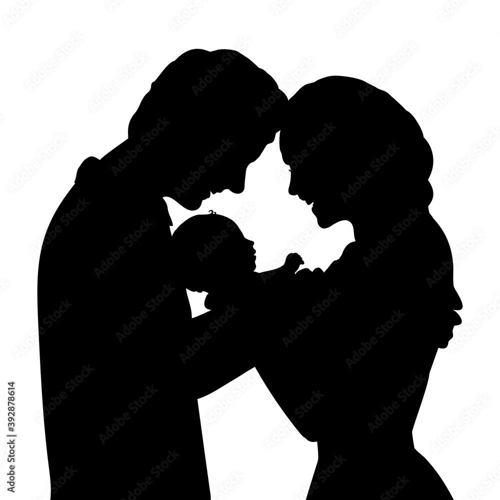 Silhouettes happy parents father and mother holding newborn baby ...