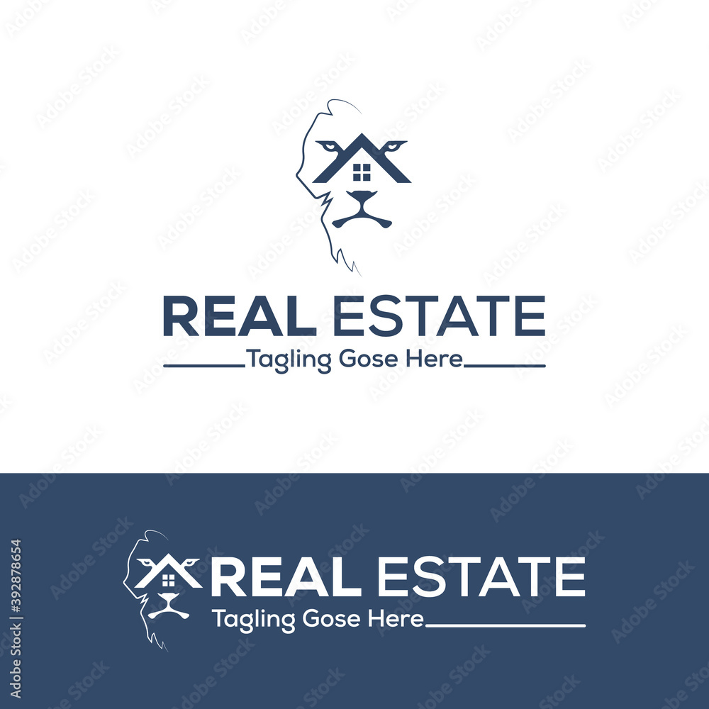 Lion Real estate logo template. the lion faces crown logo design. Stock
