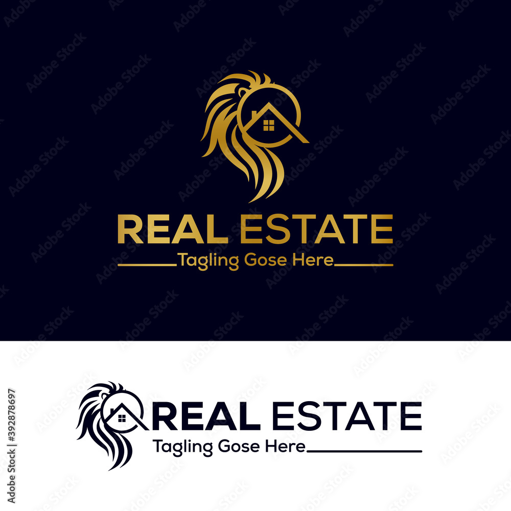 Lion Real estate logo template. the lion faces crown logo design. Stock