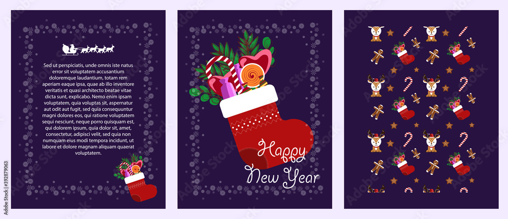 cute Christmas card with a picture of a Christmas stocking or boot is stuffed with sweets and branches of trees. ideal for printing banner postcards and websites. EPS10