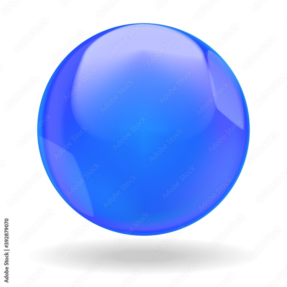 Blue shiny ball or round drop with glares, isolated on white background. Ball, metallic or plastic sphere. Vector illustration