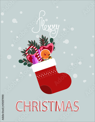 cute Christmas card with a picture of a Christmas stocking or boot is stuffed with sweets and branches of trees. ideal for printing banner postcards and websites. EPS10