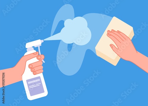 Cleaning surface. Clean table, wipe sanitise or disinfect desk. Hand holding spray, utter antibacterial hygiene service vector illustration. Disinfect and sanitize by cloth, sanitary and disinfection