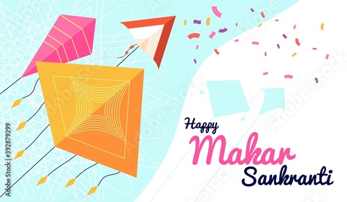 Makar sankranti banner. Festival promotional poster, happy celebration background with flying kites. Asian indian party utter vector flyer. Illustration india makar sankranti festival celebration
