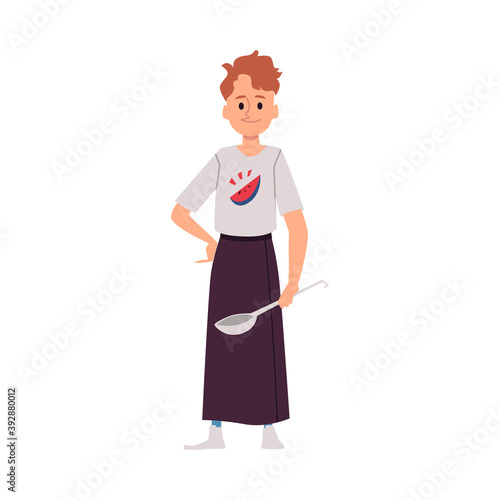 Male cook in apron with a ladle in his hand a vector isolated illustration