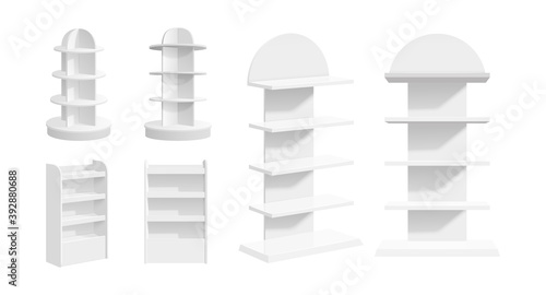 Empty store shelf. Shop display, indoor supermarket or warehouse blank stands. Realistic white bookcase, 3d expo rack recent vector mockup. Illustration commercial rack for goods