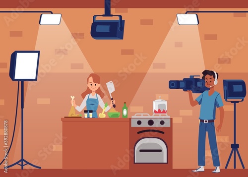 Filming of culinary cooking show or blog scene flat vector illustration.