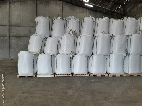 Chemical fertilizer Urea Stockpile jumbo-bag in the warehouse waiting for shipment.