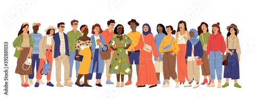 Multicultural people crowd. Diverse person group, isolated multi ethnic community portrait. Adult african european swanky vector characters. Crowd multicultural, woman and man different illustration