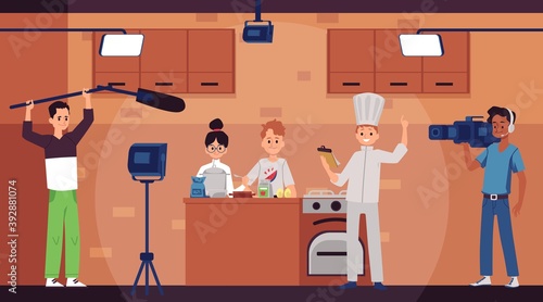 Live broadcast of cooking show from the TV studio a vector flat illustration