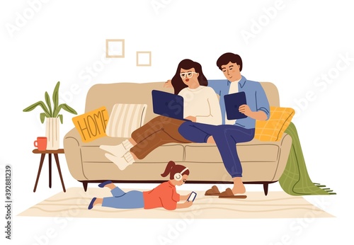 Family using gadgets. Home internet, child parents with tablet laptop smartphone. People addicted digital social media swanky vector concept. Illustration family addicted, addiction media gadget