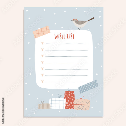 Cute Christmas wish list with tapes. Bird sitting on berry tree branch. Festive gift boxes with falling snow. Scandinavian hand drawn winter greeting card, invitation.Vector illustration background.