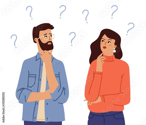 Couple thinking. Confused people, doubt girl man with question marks. Cartoon questionable person, thoughtful face swanky vector characters. Couple woman and man confused, question think illustration