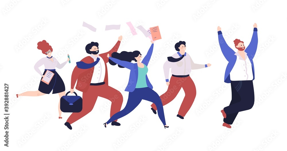Business team running. Office style, people job competition. Forward person, leadership and teamwork. Decent professionals vector characters. Illustration success business team with leadership