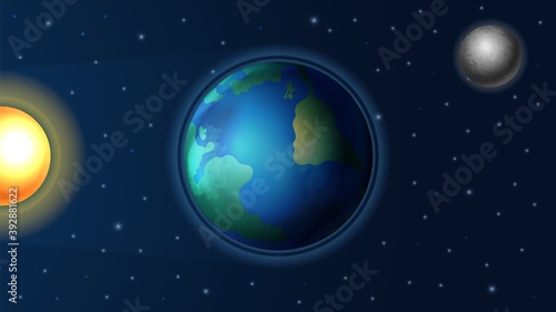Day night cycle. Sunlight on Earth planet, realistic sun and moon. Astronomy background, ray in space or solar system abstract vector banner. Illustration astronomy system, equinox and rotation world