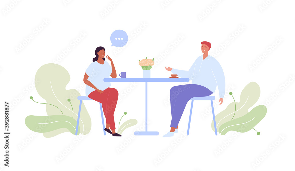 People relationship and dating concept. Vector flat style illustration. Couple of man and woman sitting by table friend or lover on date in cafe with coffee and tea drink. Talk bubble symbol.