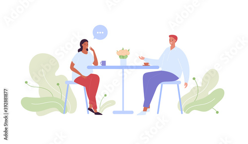 People relationship and dating concept. Vector flat style illustration. Couple of man and woman sitting by table friend or lover on date in cafe with coffee and tea drink. Talk bubble symbol.