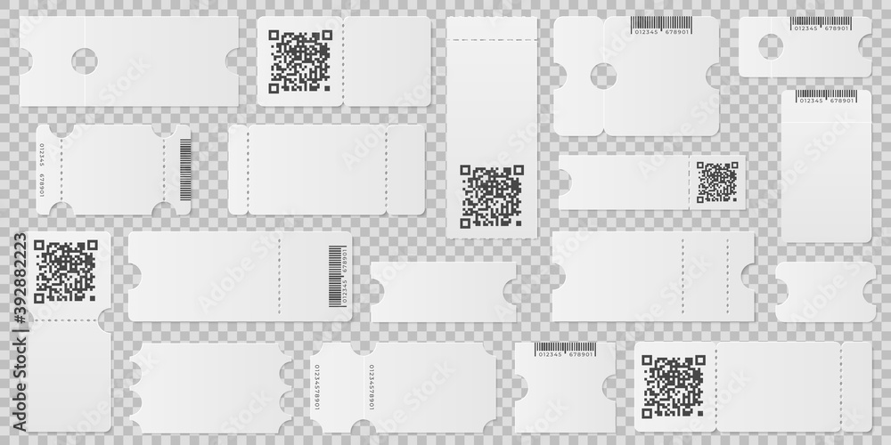 Blank ticket template. Event coupon, label layout with qr code. Empty airplane pass or festive flyer, lottery paper mockup recent vector set. Coupon barcode, event to movie or theater illustration