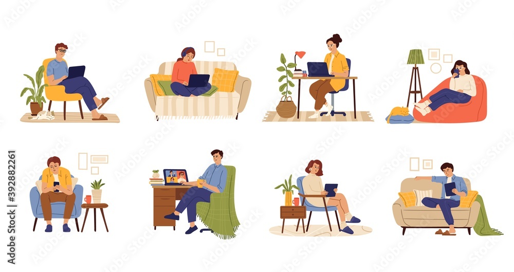Remote work characters. Home office, business people job with computer. Flat freelance worker in chair with cat and laptop swanky vector set. Illustration freelance people work at home - obrazy, fototapety, plakaty 