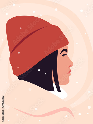 Portrait of a young woman wearing hat. Side view. Profile under snowfall. Christmas and winter holidays. Vector illustration in flat style.