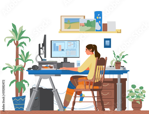 Woman Freelancer Working At Home On Computer. Cozy Creative Workplace Homeoffice With Plants And Paintings. Flat Vector Illustration.Печать