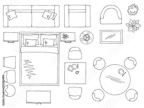 Furniture set floor plan architect design element graphic black white top sketch aerial view isolated illustration vector