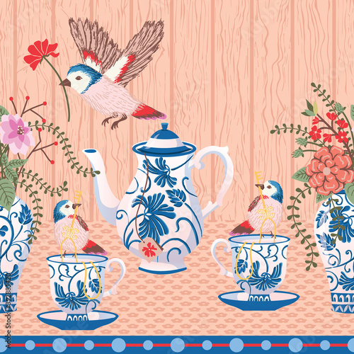 Blue Tea Set with Birds on the Table Vector Seamless Horizontal Border