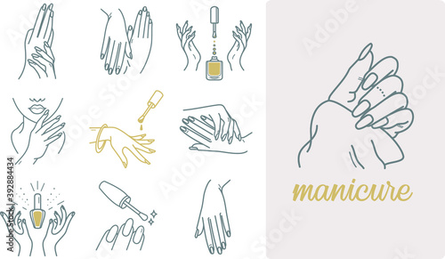 Manicure, skincare hands icons with nails, nail polish, and palms. Well-groomed hands vector outline design