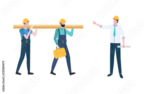 People listening to engineer vector, architect holding scheme of new construction giving task to workers carrying tools and heavy material for building