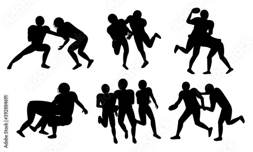 Set of game moments, silhouettes of people. Footballers playing in american football. Pictures with attacks of players on opponents to get ball. Vector illustration of training on playground in flat