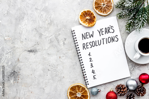 2021 New Year's resolutions with Christmas decorations. Overhead view