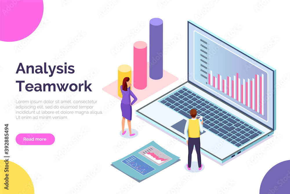Landing page teamwork analysis site. Large cartoon laptop with charts, data, analytic summary, businessman and businesswoman monitor team work data. Large cylindrical shapes different heights on stand Landing page teamwork analysis site. Large cartoon laptop with charts, data, analytic summary, businessman and businesswoman monitor team work data. Large cylindrical shapes different heights on stand
