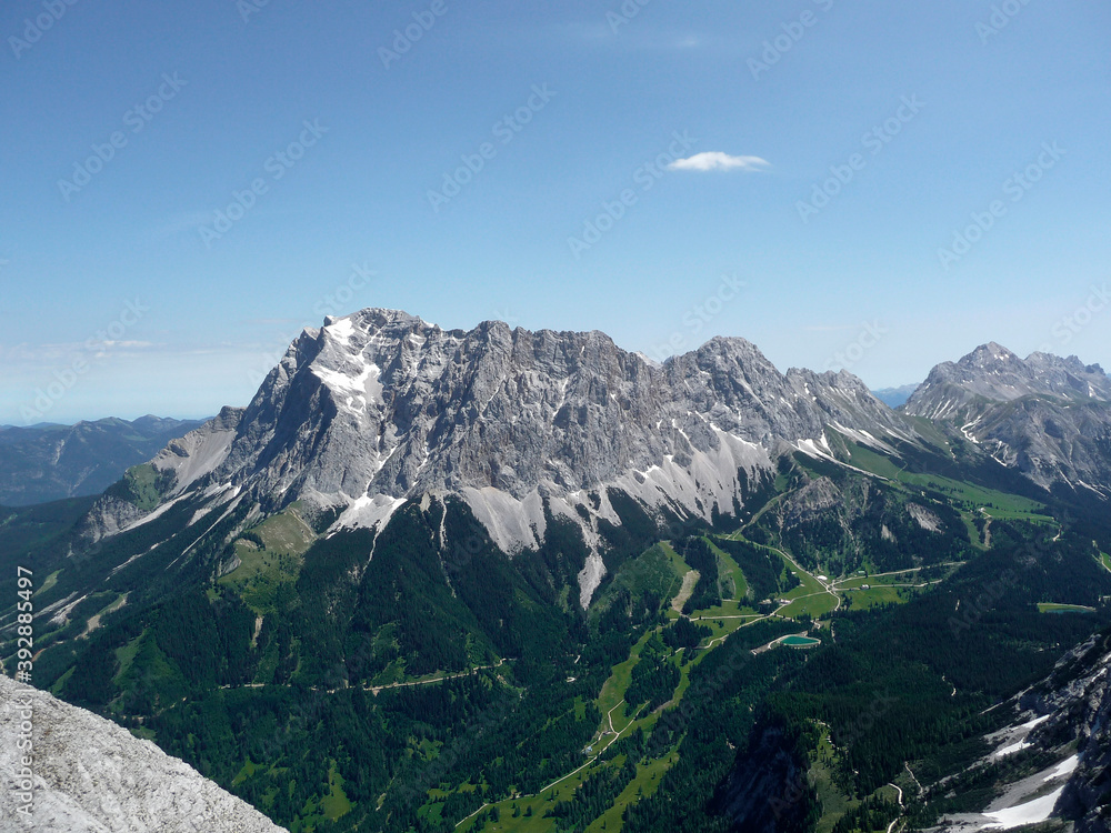 Mountain panorama Zugspitze mountain from Ehrwalder Sonnenspitze mountain in Austria