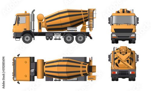 Concrete mixer truck. Side, top, front and back views. Orange isolated lorry with cement. 3d industrial blueprint. Construction vehicle for build