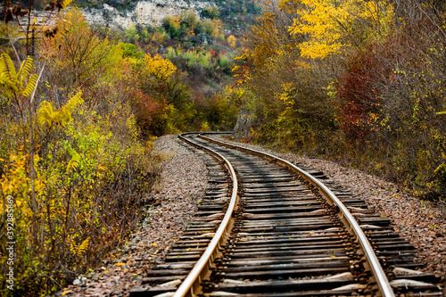 Russian Straight Railway with trees. Landscape with railroad, summer time traveling, freedom of movement.