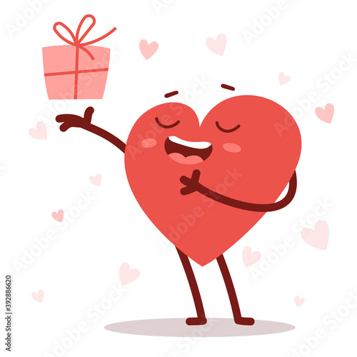 Vector red cute happy heart character giving a present with smile on white background. Romantic flat style design Valentine's Day illustration