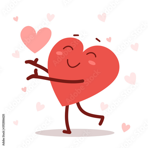 Vector red cute happy heart character shares a heart with smile on white background. Romantic flat style design Valentine's Day illustration