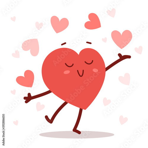 Vector red cute happy heart character juggles hearts with smile on white background. Romantic flat style design Valentine's Day illustration