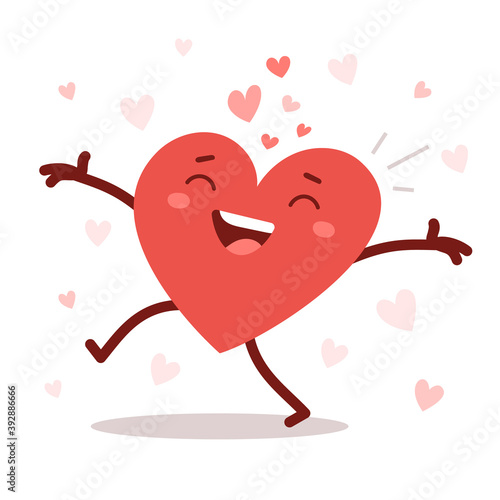 Vector red cute happy heart character with arms spread wide and smile on white background. Romantic flat style Valentine's Day illustration