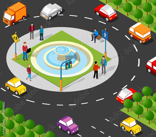 Isometric Street crossroads 3D illustration of the city quarter with houses