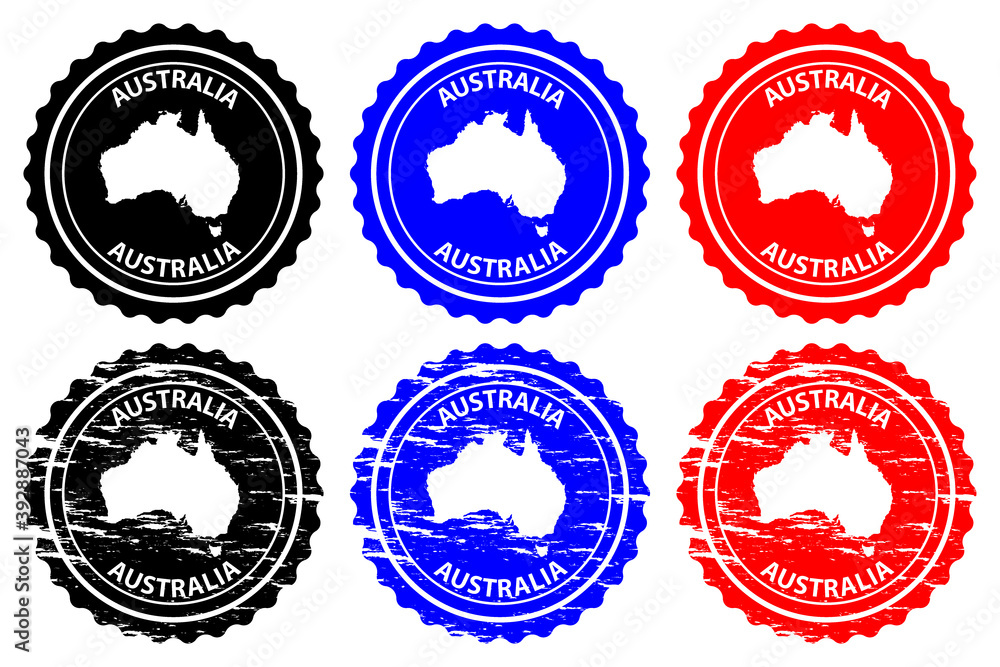 Australia - rubber stamp - vector, Australia continent map pattern - sticker - black, blue and red Australia - rubber stamp - vector, Australia continent map pattern - sticker - black, blue and red