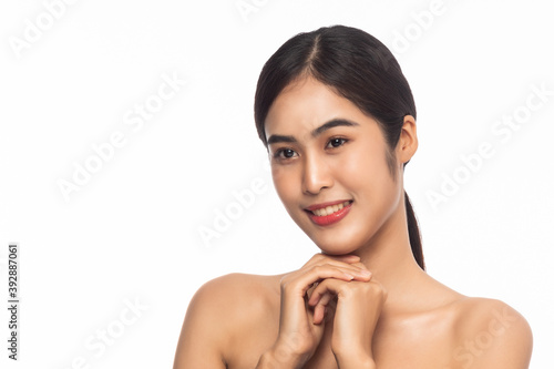 Beautiful Young Asian woman clean fresh skin with hands touching face isolated on white background. Facial treatment  Cosmetology  Beauty and skin care concept.