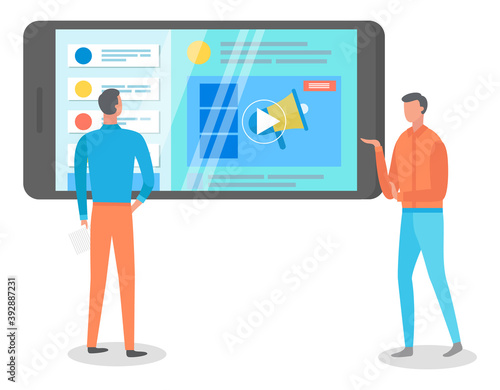 Male managers stand, back view, study analytical data, giant cartoon screen smartphone with promotional video. Promotion, megaphone, customer support. Consumer demand, customer acquisition. Flat image