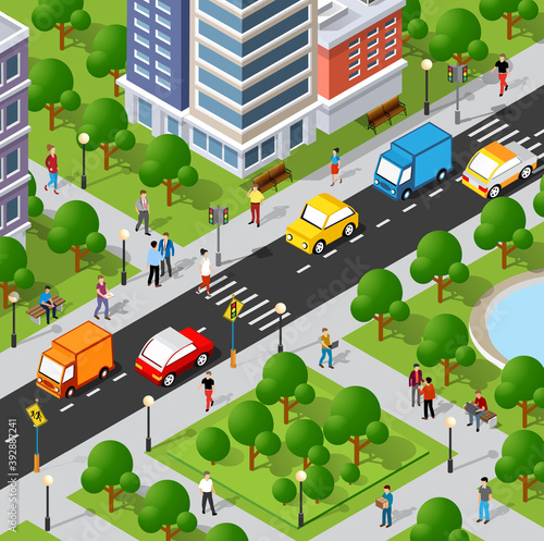 Isometric 3D illustration of the city quarter with houses